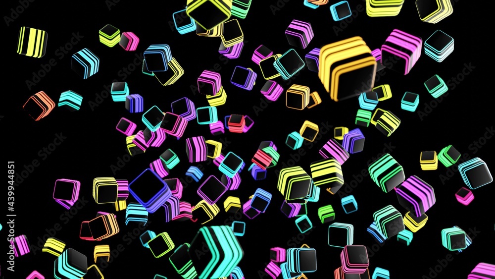 Poster 3d render. cubes with multicolored neon lights. abstract dark bg light on cubes.