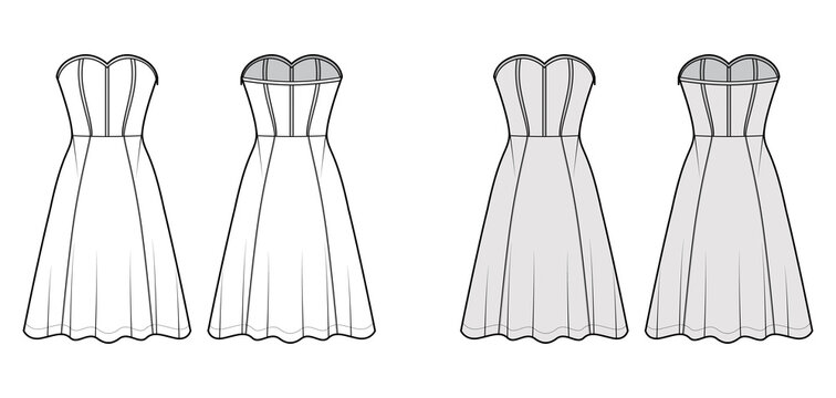 Dress corset technical fashion illustration with sleeveless, strapless, fitted body, knee length circular skirt. Flat apparel front, back, white, grey color style. Women, men unisex CAD mockup