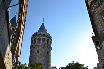 Fototapeta na wymiar Galata tower viewpoint under blue sky and sunlight in Istanbul,Tukey.
