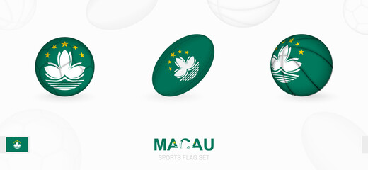 Sports icons for football, rugby and basketball with the flag of Macau.