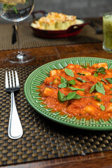 Italian Dinner Dish Cheese Tomato Sauceand Drink Gin Pasta Basil Spinach Caipirinha Close Up High Resolution