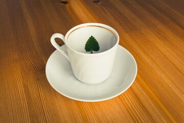White empty cup with a melissa leaf