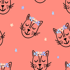  Seamless pattern with cute handdrawn sleeping cat girl on color background,dreamy kitten head,illustration for kids design,cover,baby fabric print,nursery,tender image with kitty character,veterinary