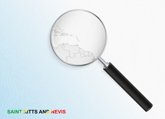 Magnifier with map of Saint Kitts and Nevis on abstract topographic background.