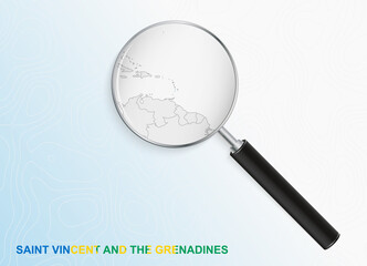 Magnifier with map of Saint Vincent and the Grenadines on abstract topographic background.