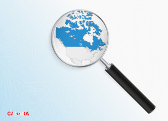 Magnifier with map of Canada on abstract topographic background.