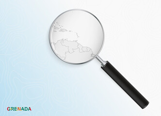 Magnifier with map of Grenada on abstract topographic background.