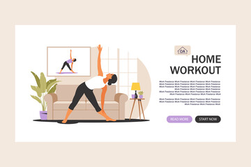 Online workout concept. Landing page template for web. Woman doing yoga at home. Watching tutorials on a laptop. Sport exercise in a cozy interior. Vector illustration. Flat.