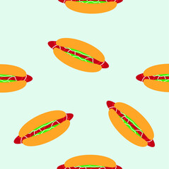 
Seamless pattern with hot dogs. National Hot Dog Day. Can be used for postcards, banners, wallpaper, fabric. Flat design style.