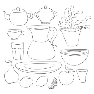 Hand drawn set of kitchen utensils and fruits. Monochrome vector illustration.