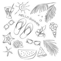 Hand drawn set of summer vacation elements such as flip flops, palm leaves, sunglasses, ice cream, watermelon, seashells, cocktail. Vector illustration.