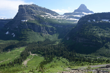 Scenic view of mountains and trees at Glacier National Park in Montana on a sunny day