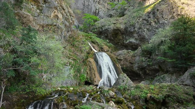Waterfall at the birth of the Mundo River on Riopar, Albacete, Spain. High quality 4k footage