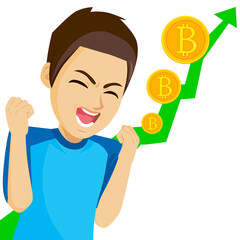 Fototapeta na wymiar Young happy man excited bitcoin market goes up success concept