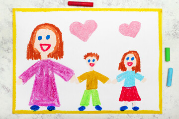 Colorful drawing: Mothers day card. Smiling family with mother and her two kids: daughter and son. Single parenting.