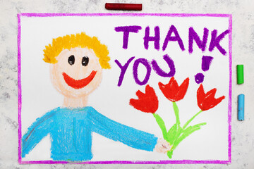 Colorful drawing: Happy man holding a bouquet of flowers. Word THANK YOU - 439952086