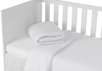 White Baby Crib Isolated on White Background. Duvet Detail - obrazy, fototapety, plakaty