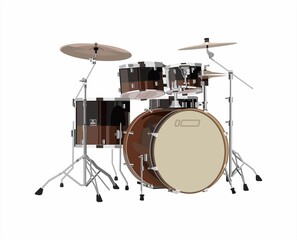 Drum kit realistic in warm colors, vector illustration. Jazz rock theme.  A setup that consists of a ride cymbal, middle tom tom, high tom tom,  floor tom-tom, hi-hat cymbals, bass drum snare drum.