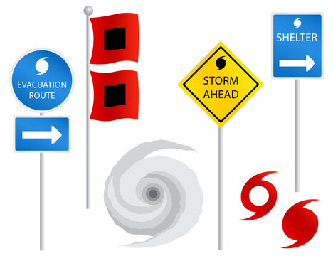 A set of hurricane related signs and symbols isolated on white
