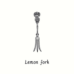 Lemon fork with retro style decor. Ink black and white drawing  woodcut vintage style  illustration