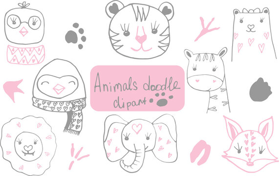 A set of vector animals. Tiger, lion, penguin, elephant, bear, giraffe, fox, bird. Illustration for children.