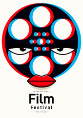 Movie and film poster design template background with transparent film reel