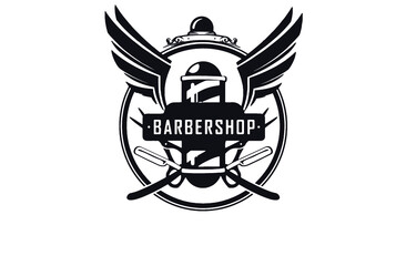 Barber shop, logo with a complex design of elegant vintage details with professional scissors and razor elements, for your business and professional barbershop label with quality services.