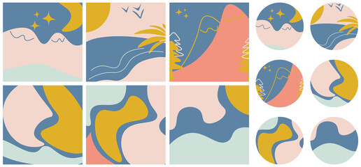 Bundle of editable insta templates and highlights covers. Vector layouts with hand drawn organic sun, sea and mountain shapes and textures. Abstract backgrounds.Trendy design for social media 
