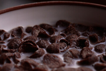 Detail shot of a bowl with milk and chocolate cereal