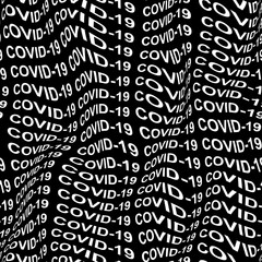 COVID-10 word warped, distorted, repeated, and arranged into seamless pattern background. High quality illustration. Modern wavy text composition for background or surface print. Typography.