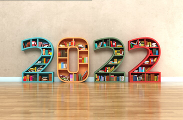 New Year 2022 Creative Design Concept with Books Shelf - 3D Rendered Image    © SBM Creatives