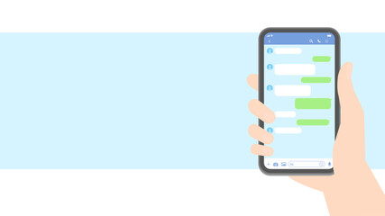 スマートフォン・メッセージアプリイメージ素材：スマホを持つ人の手とトーク画面 - HD16:9比率