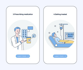 The doctor is prescribing. Mobile app page concept design template. The patient is lying in bed and receiving treatment. flat design style minimal vector illustration.