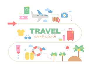 Summer vacation travel icons arranged along the road. flat design style minimal vector illustration.