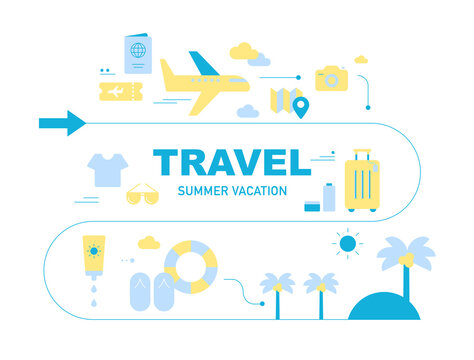 Summer vacation travel icons arranged along the road. flat design style minimal vector illustration.