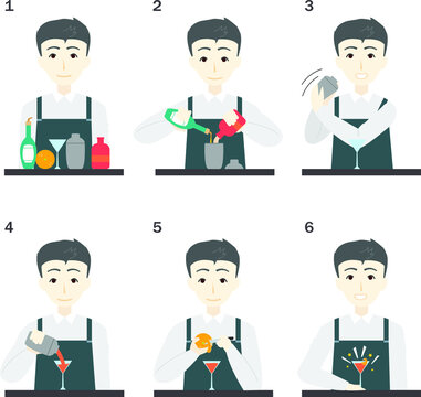 Vector set of a professional Mixologist/Bartender making drinks