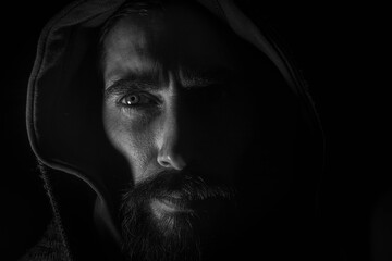 rostro de hombre místico y misterioso, encapuchado representando oscuridad 