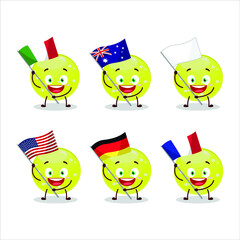 Jelly sweets candy green cartoon character bring the flags of various countries. Vector illustration