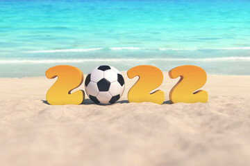 Fototapeta na wymiar New Year 2022 Creative Design Concept with Football on beach - 3D Rendered Image 