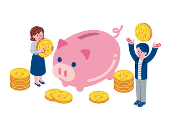 お金を貯めている男女のイラスト