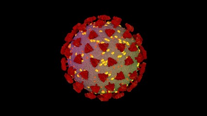 Coronavirus or covid-19 in microscopic view of floating influenza virus cells as dangerous flu strain cases as a pandemic medical health risk isolated on black background. 3D rendering.