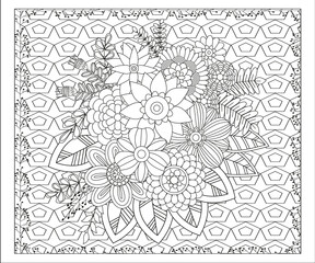 Outline vector drawing of flowers for adult coloring books. Page of floral pattern in black and white