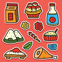 Japanese food cartoon doodle sticker design for stickers, logos, stamps, patches, badges, wallpapers and more