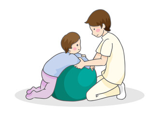 ボールを使ってリハビリする子供とセラピスト