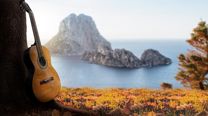 Classical Guitar propped against a tree trunk. Guitar in nature