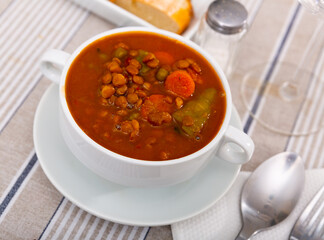 Bowl of delicious hearty homemade curried lentil soup