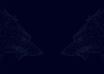 Wireframe of two wolf heads from blue lines on a dark background. 3D. Vector illustration