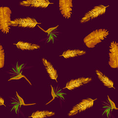 Autumn Pattern Foliage. Beige Tropical Illustration. Violet Floral Hibiscus. Indigo Flora Palm. Vintage Decoration Textile. Yellow Wallpaper Vintage. Spring Illustration.