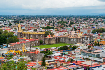 Down town Cholula, Puebla city in Mexico seen from above.