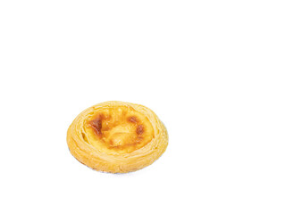 Egg tart, a close up of homemade crispy custard tart pie bakery isolated on white background.